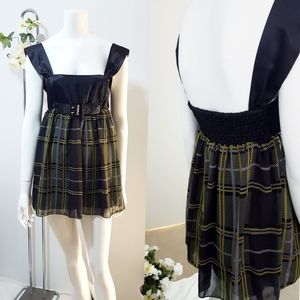 Y2K ZINC💛Vintage Black Silky Tartan Chiffon Mini Dress| Built In Buckle Belt